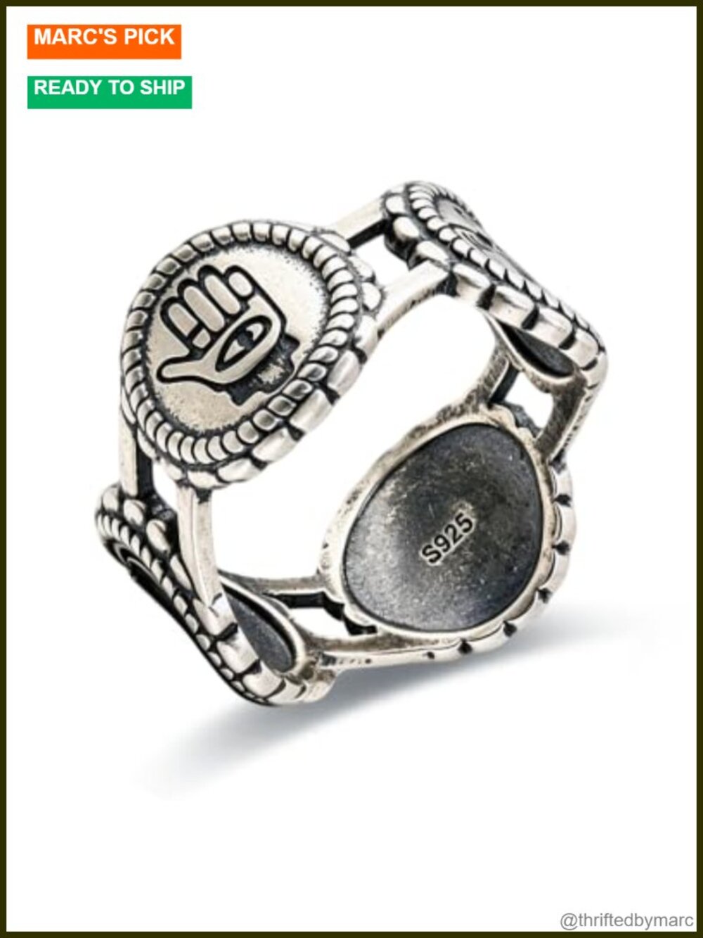925 Sterling Silver Hand & Eye Statement Ring Size 7 Southwestern Openwork